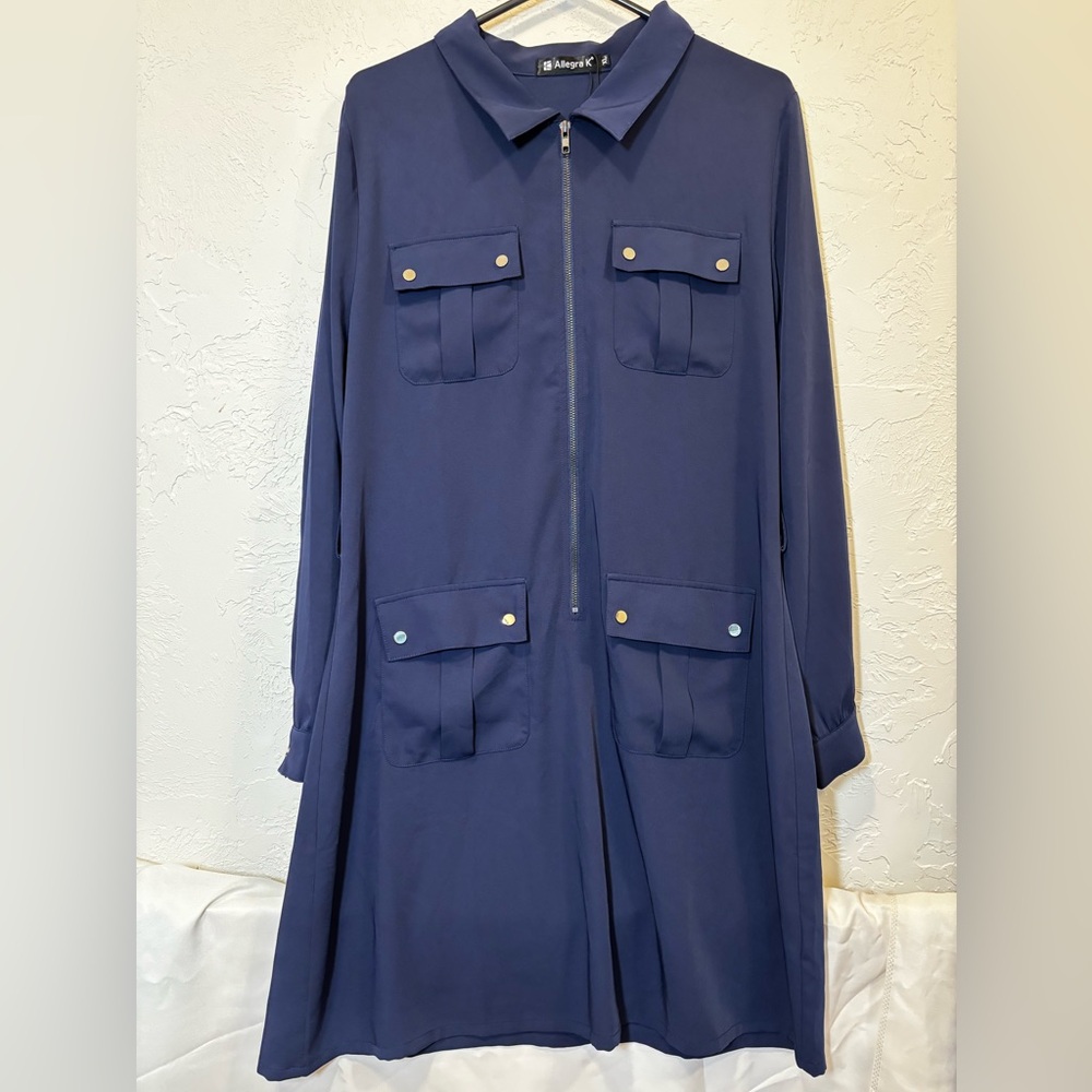 Allegra K Navy Utility Zip Front Shirt Dress – Long Sleeve Pocket Dress XL